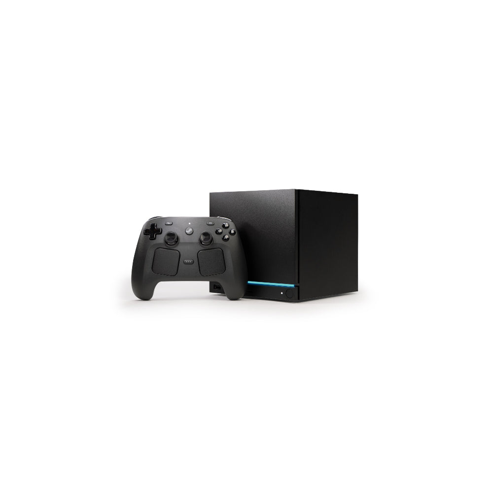Steam Machine med svart kontroller och konsol, förberedelse inför lanseringen.
