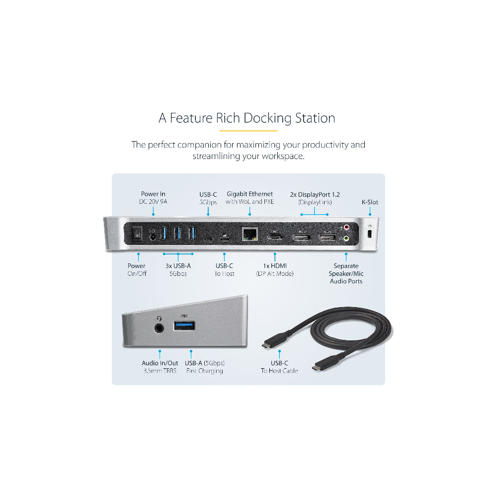 Startech 4K USB-C-docka för tre skärmar med 5 USB 3.0-portar