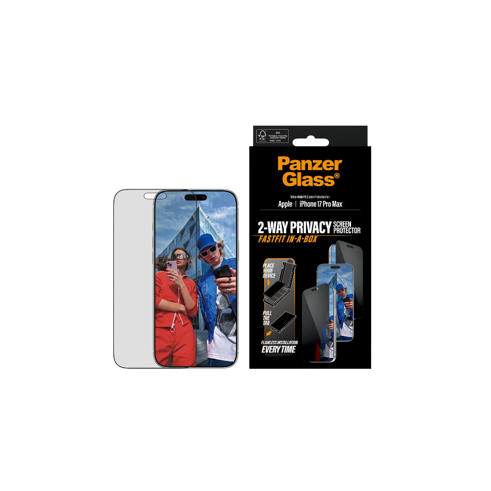 PanzerGlass Privacy filter med svart ram iPhone 17 Pro Max - Ultra-Wide Fit med fastfit