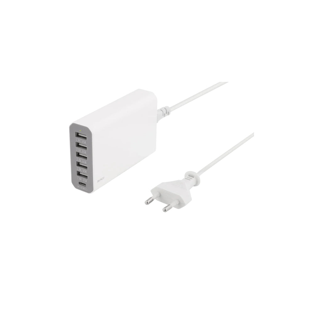 Outlet USB-laddningsstation, 10 A, 1x USB-C ho, 5x USB Typ A ho, vit
