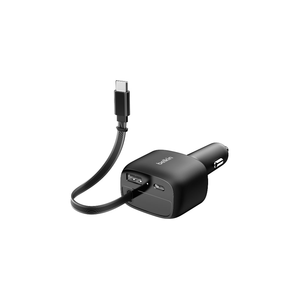 Belkin 2-port billaddare med utdragbar USB-C kabel - 75W