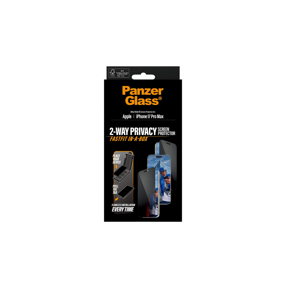 PanzerGlass Privacy filter med svart ram iPhone 17 Pro Max - Ultra-Wide Fit med fastfit