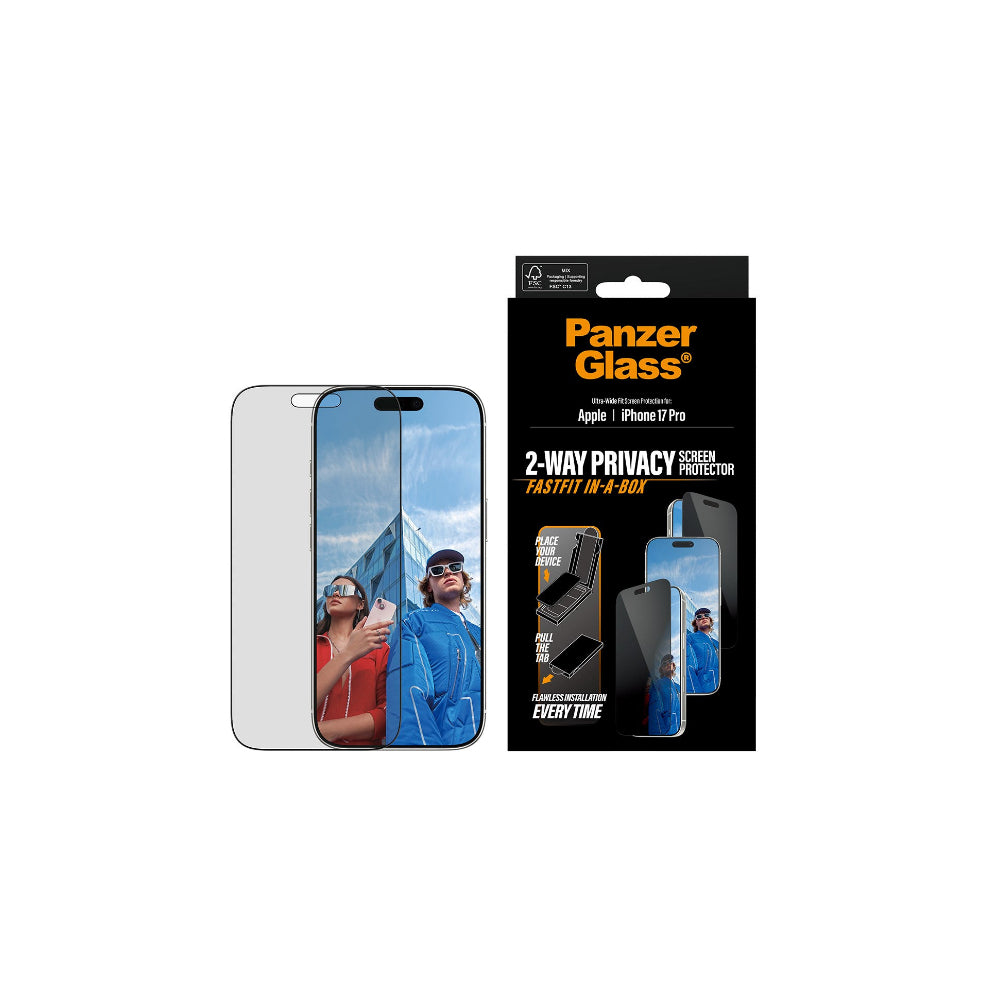 PanzerGlass Privacy filter med svart ram iPhone 17 Pro - Ultra-Wide Fit med fastfit