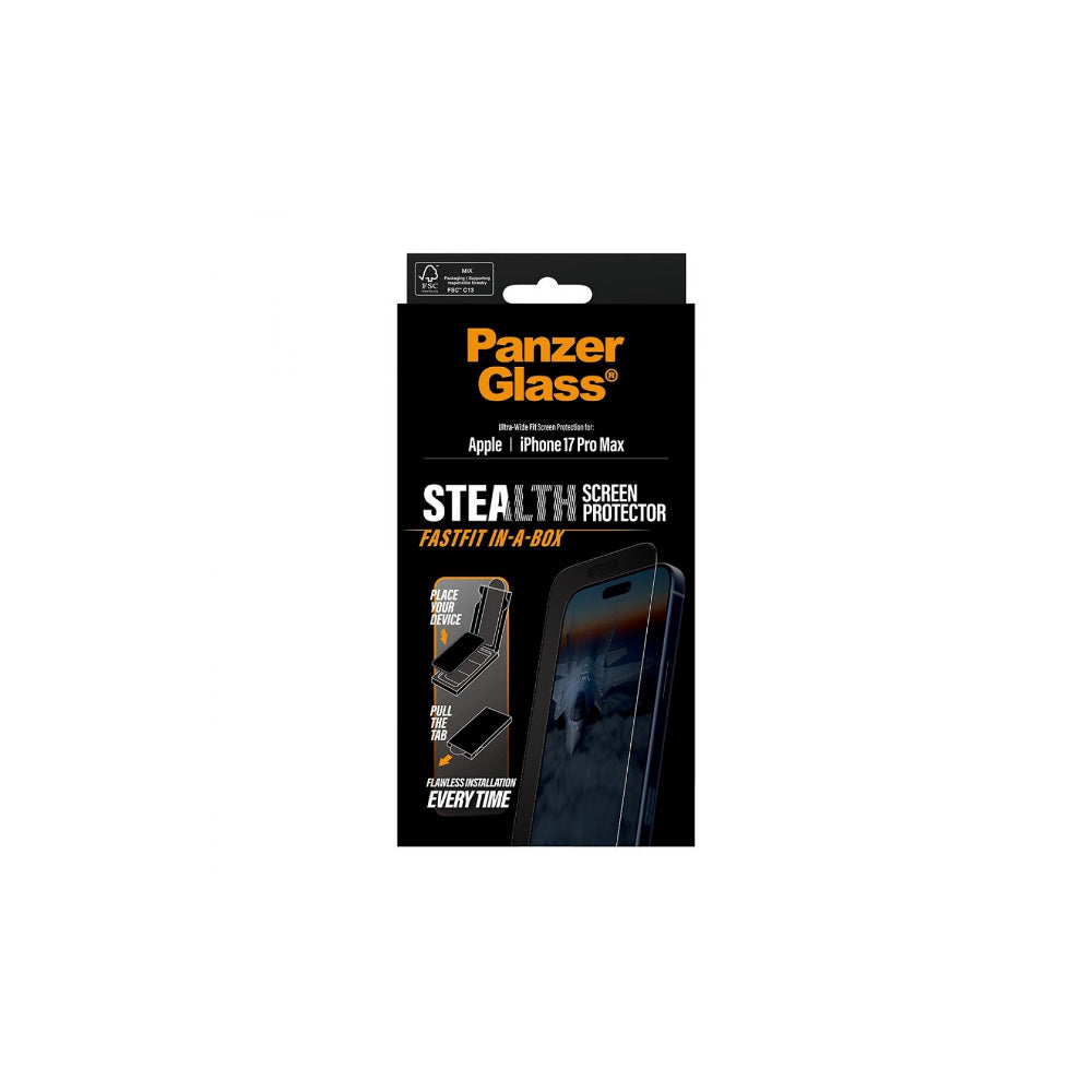 PanzerGlass Stealth Privacy filter med svart ram iPhone 17 Pro Max - Ultra-Wide Fit med Fastfit