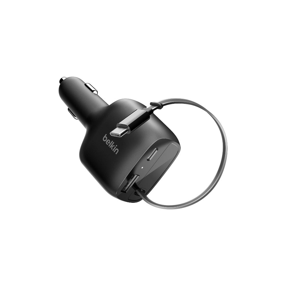 Belkin 2-port billaddare med utdragbar USB-C kabel - 75W