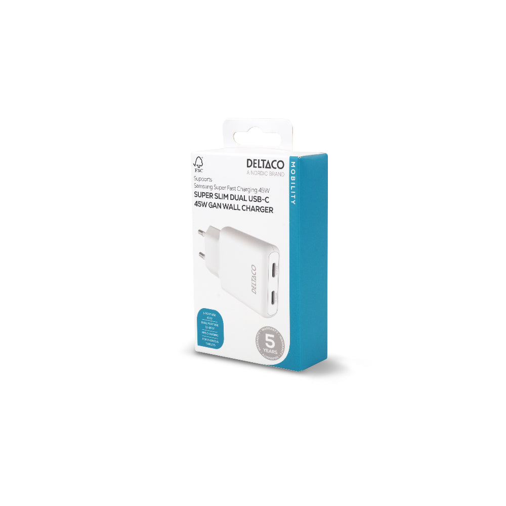 DELTACO USBC-AC200 USB-C väggladdare 45 W med dubbla USB-C Power Delivery