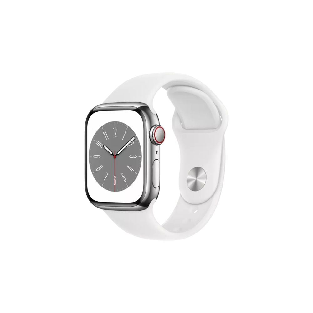 Apple Watch Series 8 - GPS + Cellular - 41mm - Silver Rostfri Stålboett - Vit Sportband