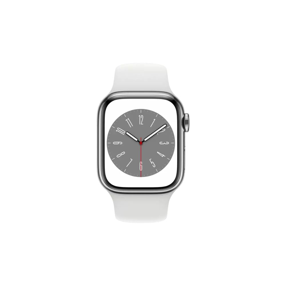 Apple Watch Series 8 - GPS + Cellular - 41mm - Silver Rostfri Stålboett - Vit Sportband