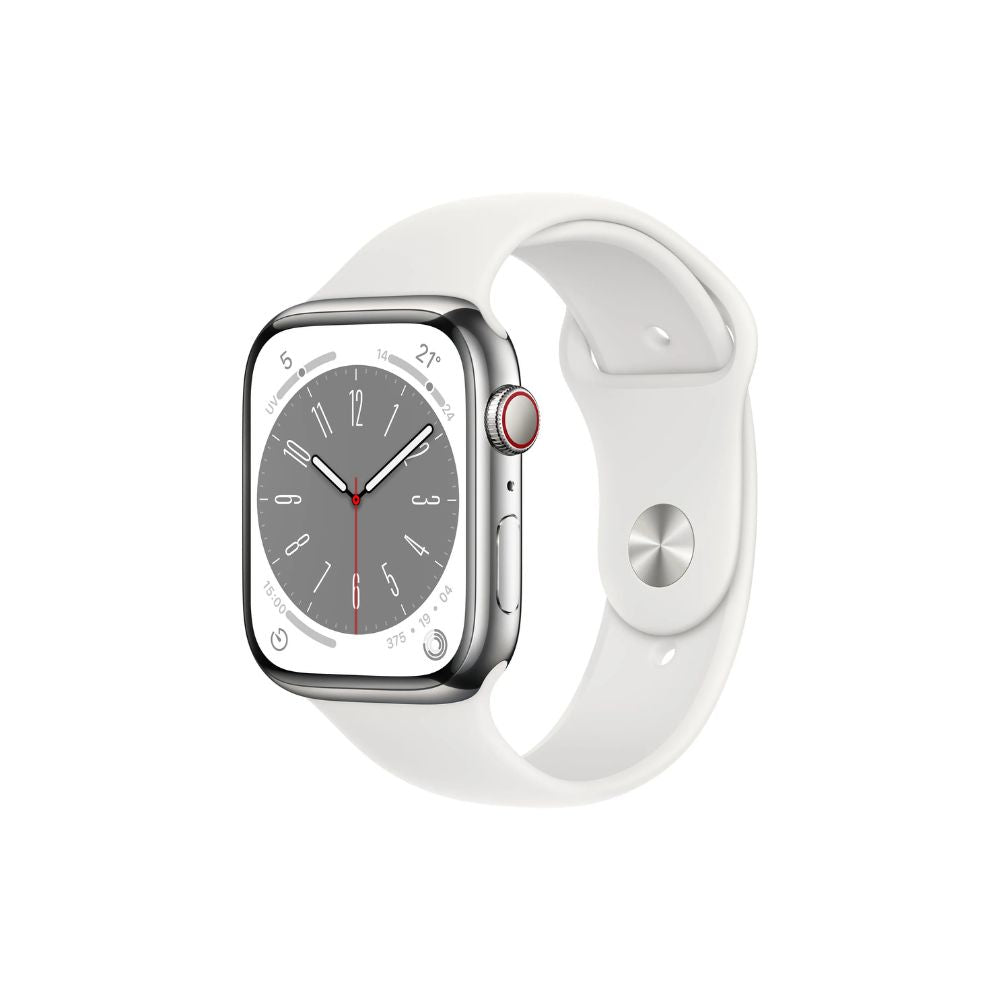 Apple Watch Series 8 - GPS + Cellular - 45mm - Silver Rostfri Stålboett - Vitt Sportband Standard