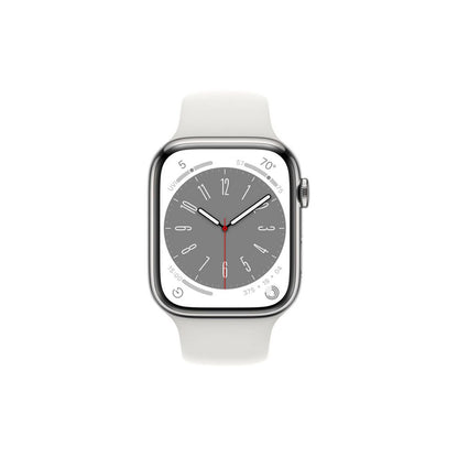 Apple Watch Series 8 - GPS + Cellular - 45mm - Silver Rostfri Stålboett - Vitt Sportband Standard